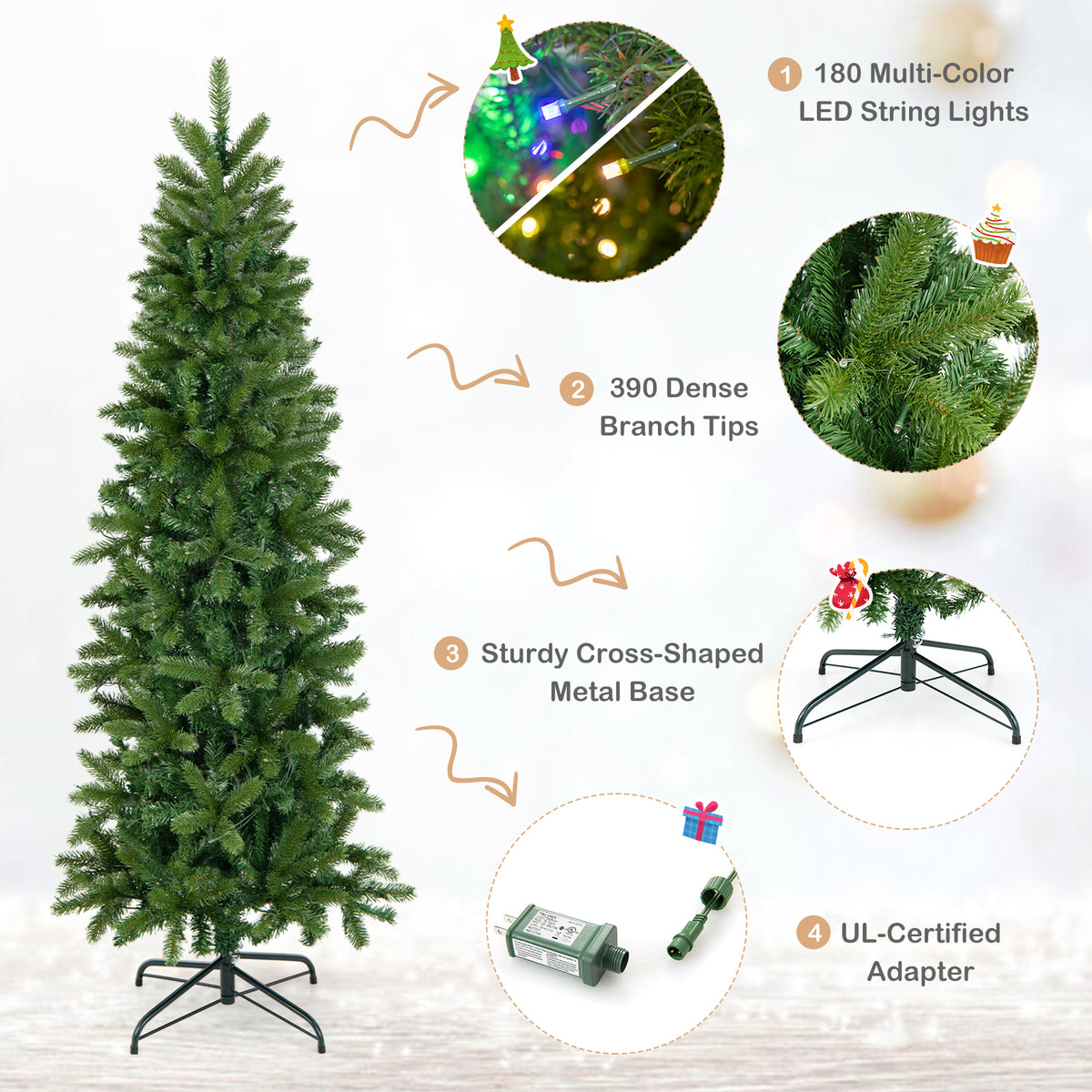 Pencil Christmas Tree with 180 LED Lights, Multi-Color & Warm White, Foldable & Adjustable