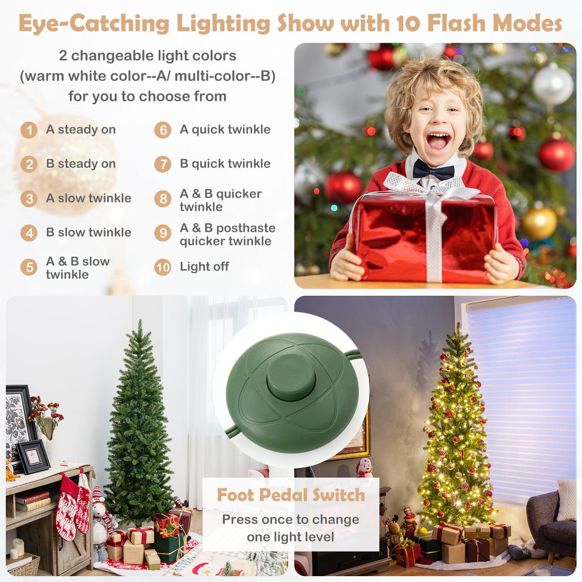 Pencil Christmas Tree with 180 LED Lights, Multi-Color & Warm White, Foldable & Adjustable