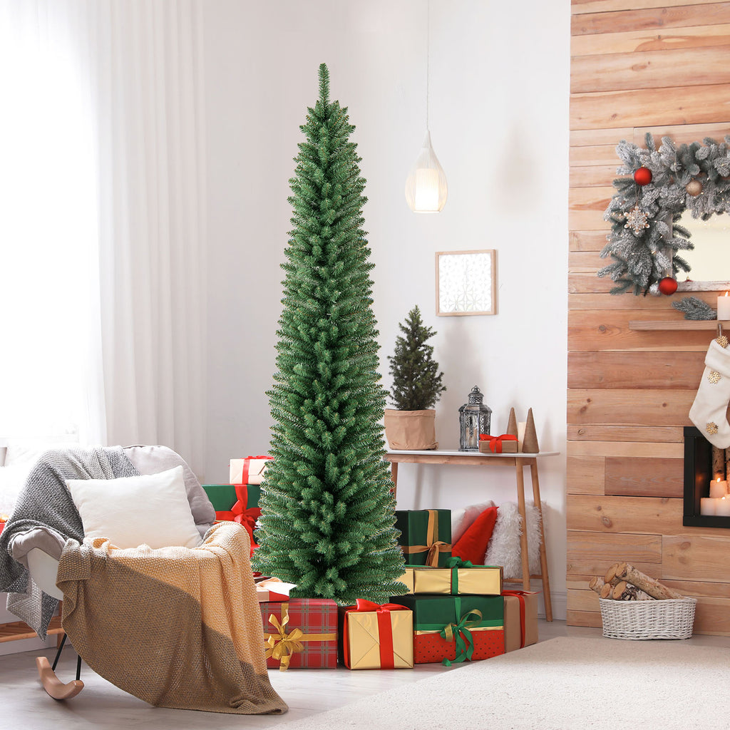 8 ft Pencil Christmas Tree with Memory Wire Branch Tips & Warm LED Lights