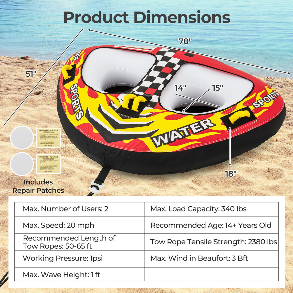 Towable Tube with Quick Connector Drainage - Style 5 for Water Sports