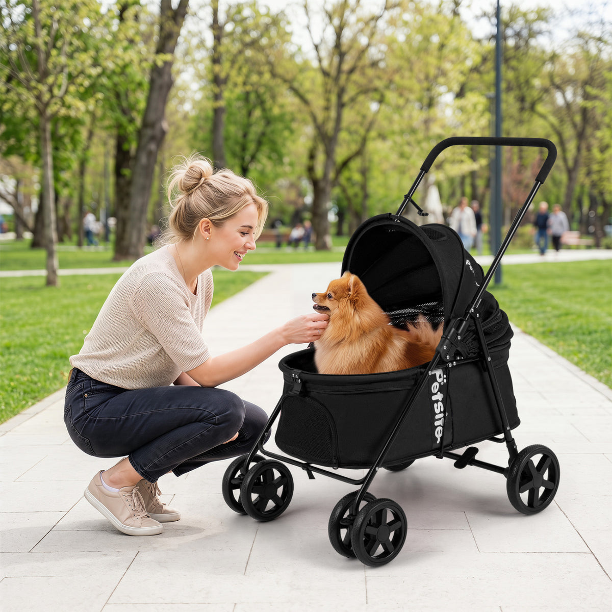 Foldable Pet Stroller for Small Medium Dogs - Black with One-Step Rear Brake & Canopy
