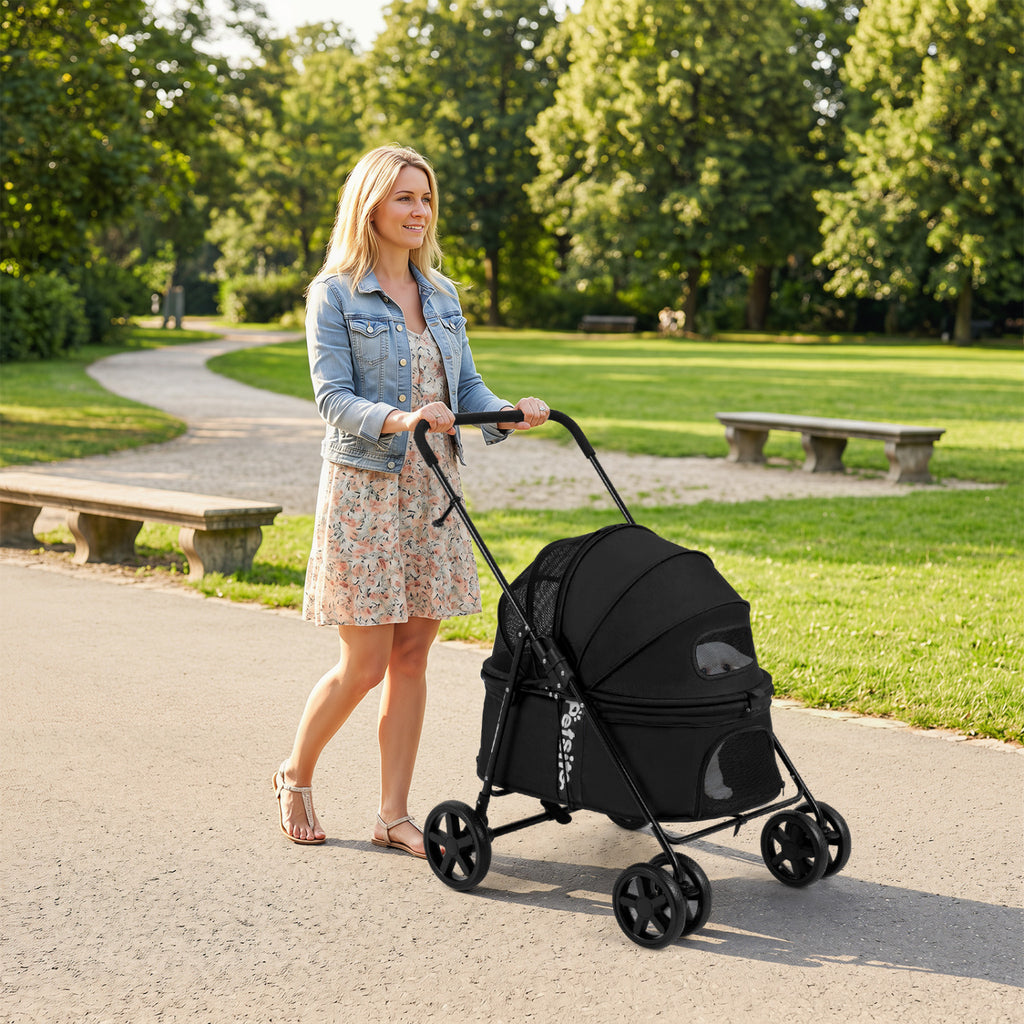Foldable Pet Stroller for Small Medium Dogs - Black with One-Step Rear Brake & Canopy