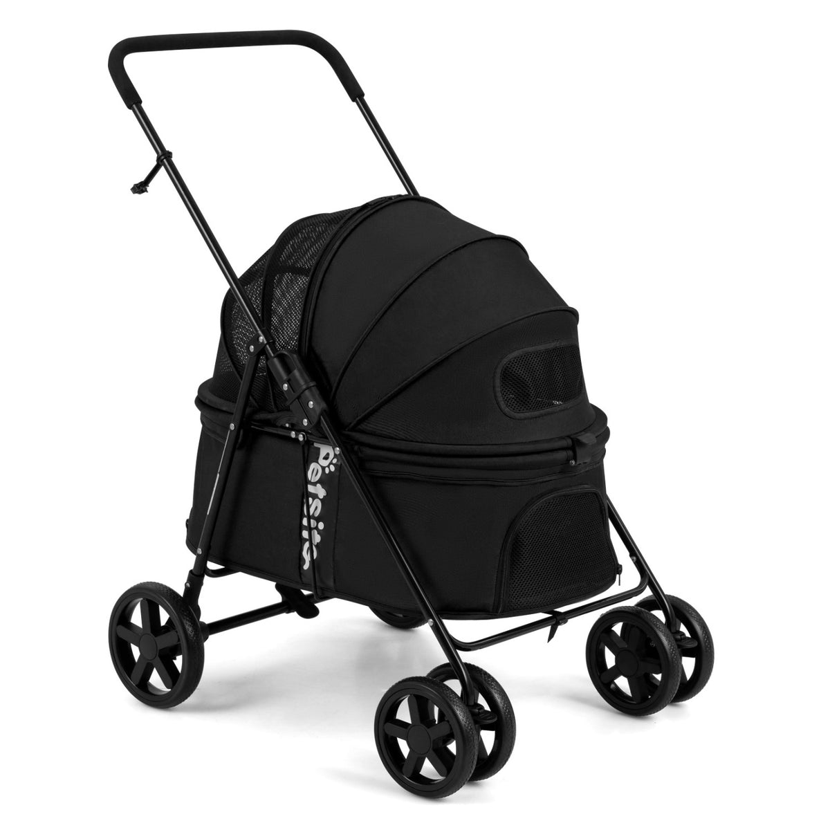 Foldable Pet Stroller for Small Medium Dogs - Black with One-Step Rear Brake & Canopy