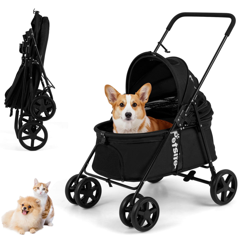 Foldable Pet Stroller for Small Medium Dogs - Black with One-Step Rear Brake & Canopy