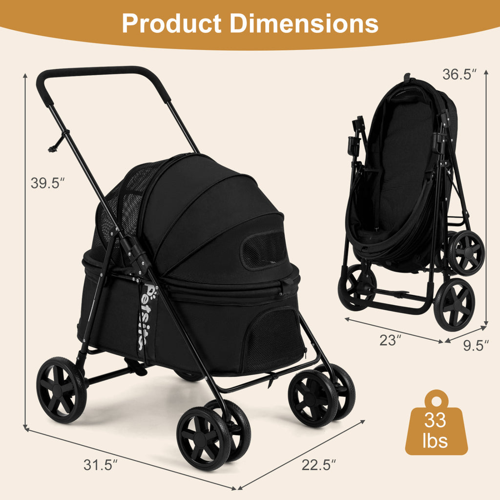 Foldable Pet Stroller for Small Medium Dogs - Black with One-Step Rear Brake & Canopy