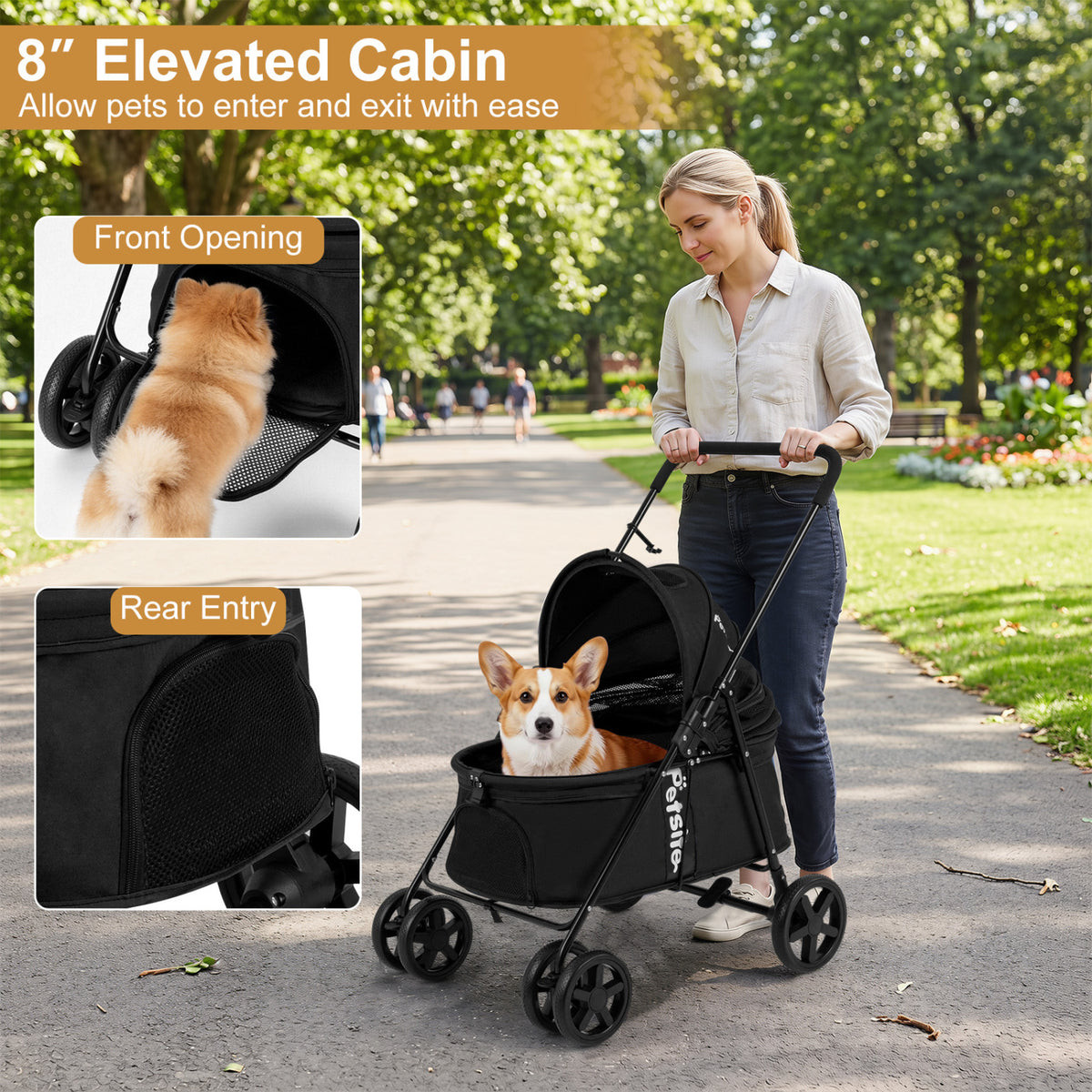 Foldable Pet Stroller for Small Medium Dogs - Black with One-Step Rear Brake & Canopy
