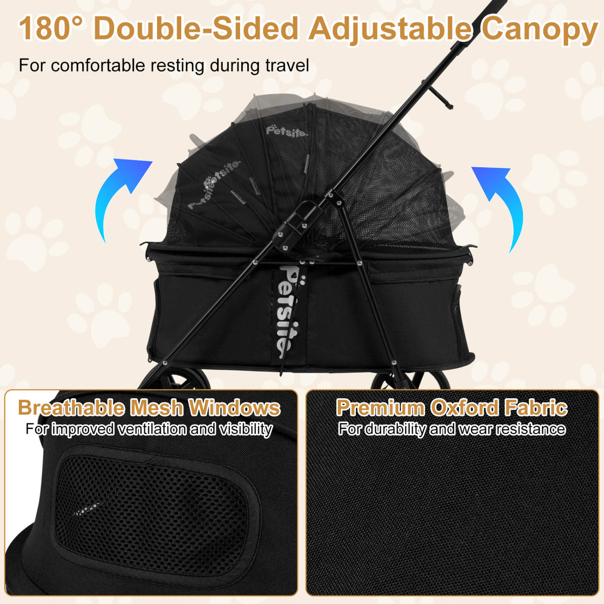 Foldable Pet Stroller for Small Medium Dogs - Black with One-Step Rear Brake & Canopy