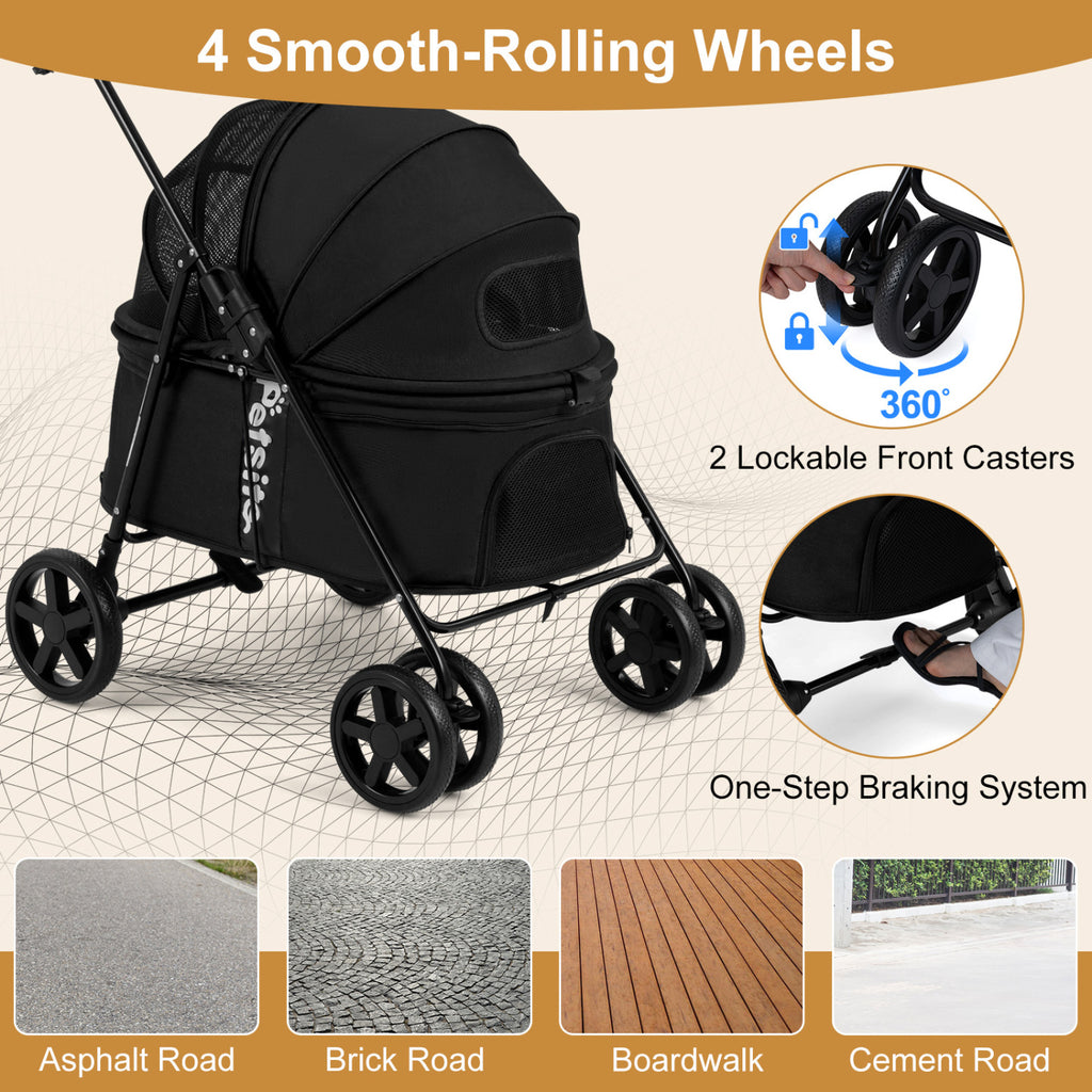 Foldable Pet Stroller for Small Medium Dogs - Black with One-Step Rear Brake & Canopy