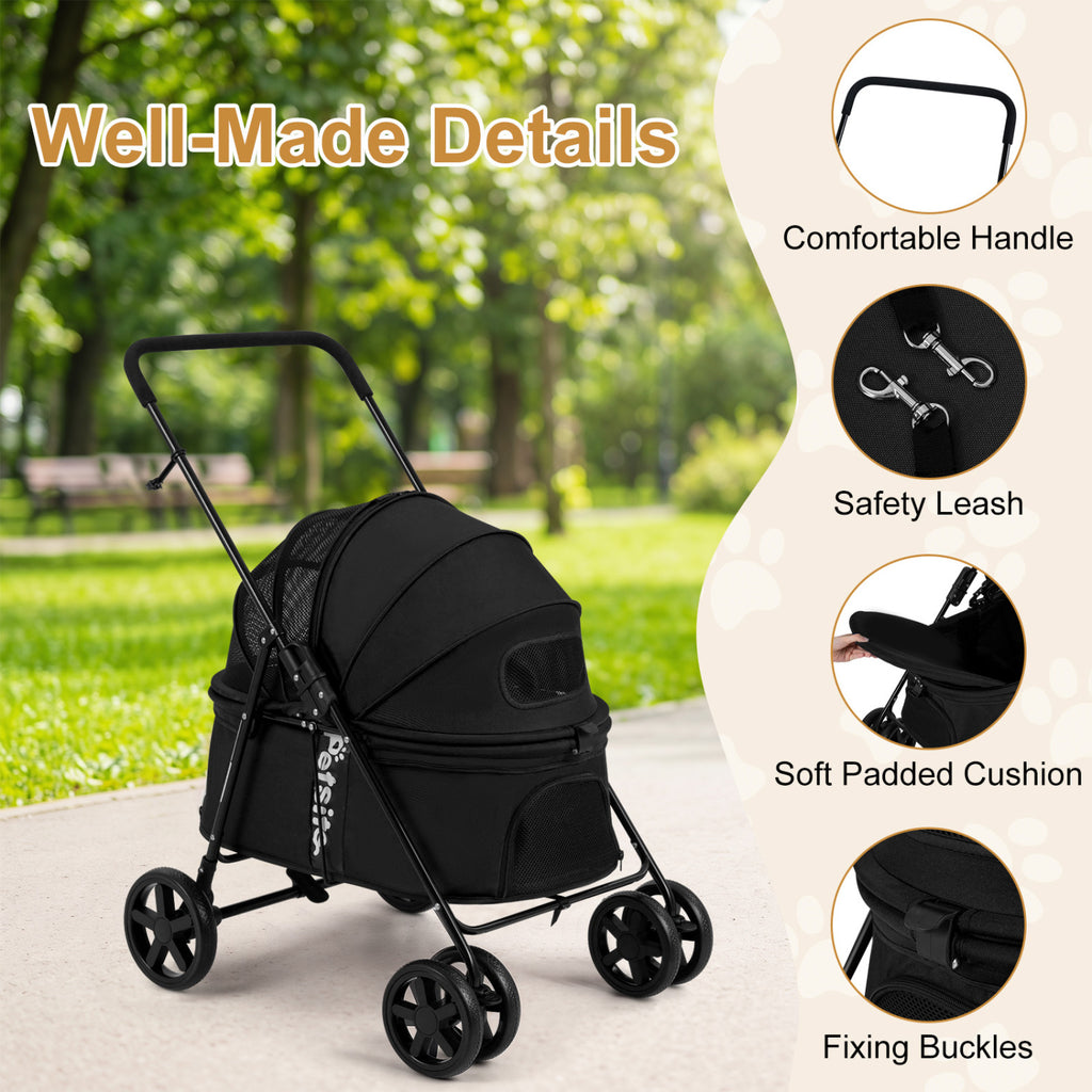 Foldable Pet Stroller for Small Medium Dogs - Black with One-Step Rear Brake & Canopy