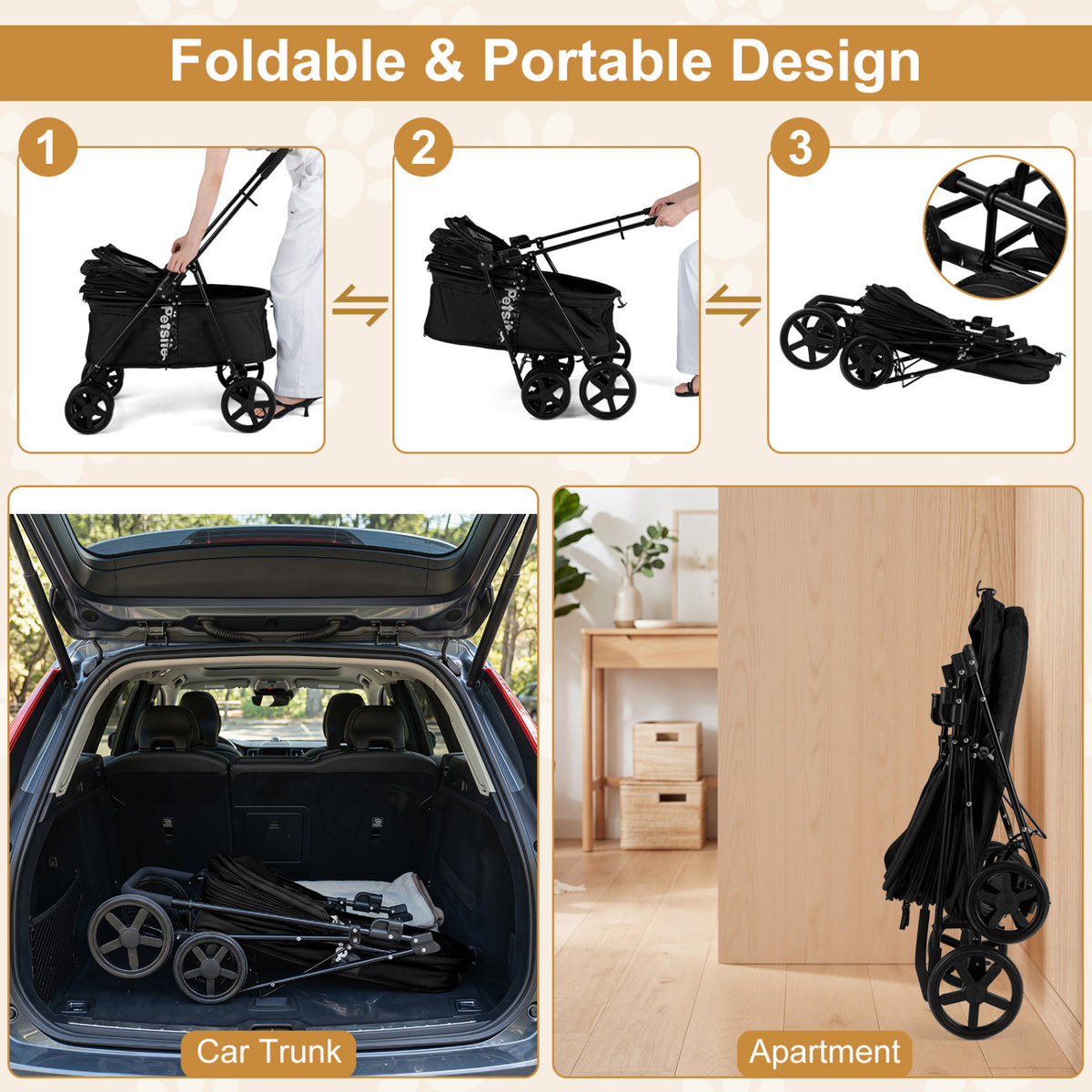Foldable Pet Stroller for Small Medium Dogs - Black with One-Step Rear Brake & Canopy
