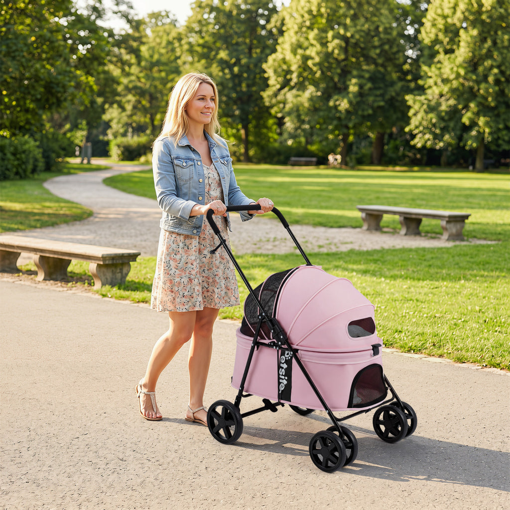 Foldable Pet Stroller for Small Medium Dogs - Black with One-Step Rear Brake & Canopy
