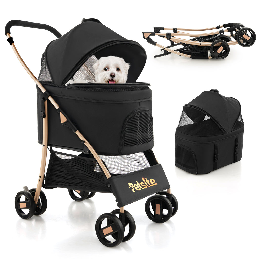 3-in-1 Pet Stroller with Removable Car Seat & Bottom Basket - Black, Foldable & Detachable Carrier