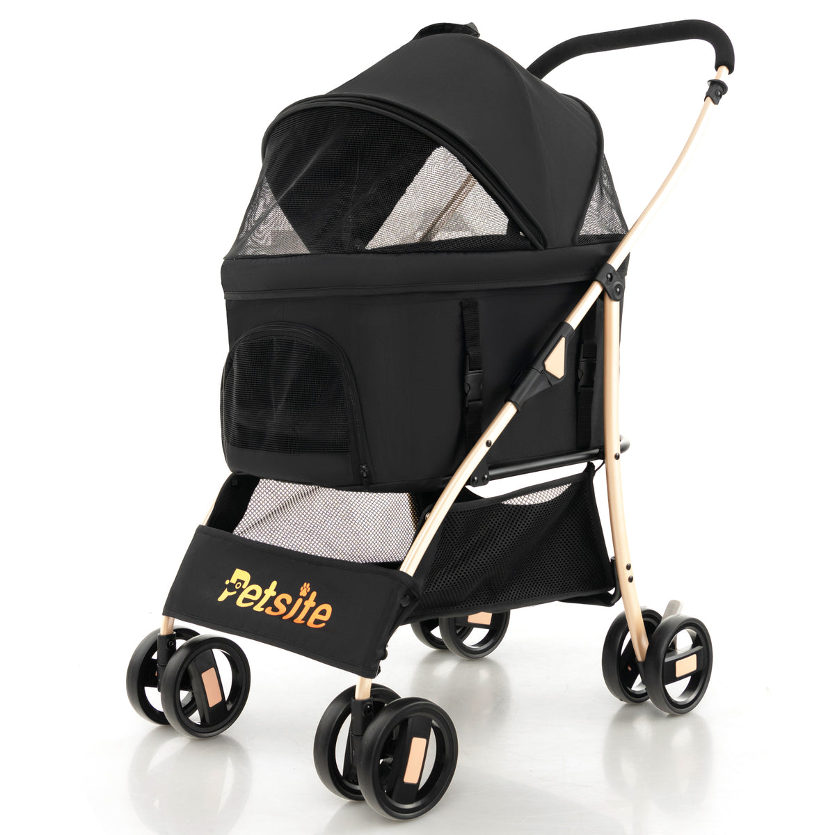 3-in-1 Pet Stroller with Removable Car Seat & Bottom Basket - Black, Foldable & Detachable Carrier