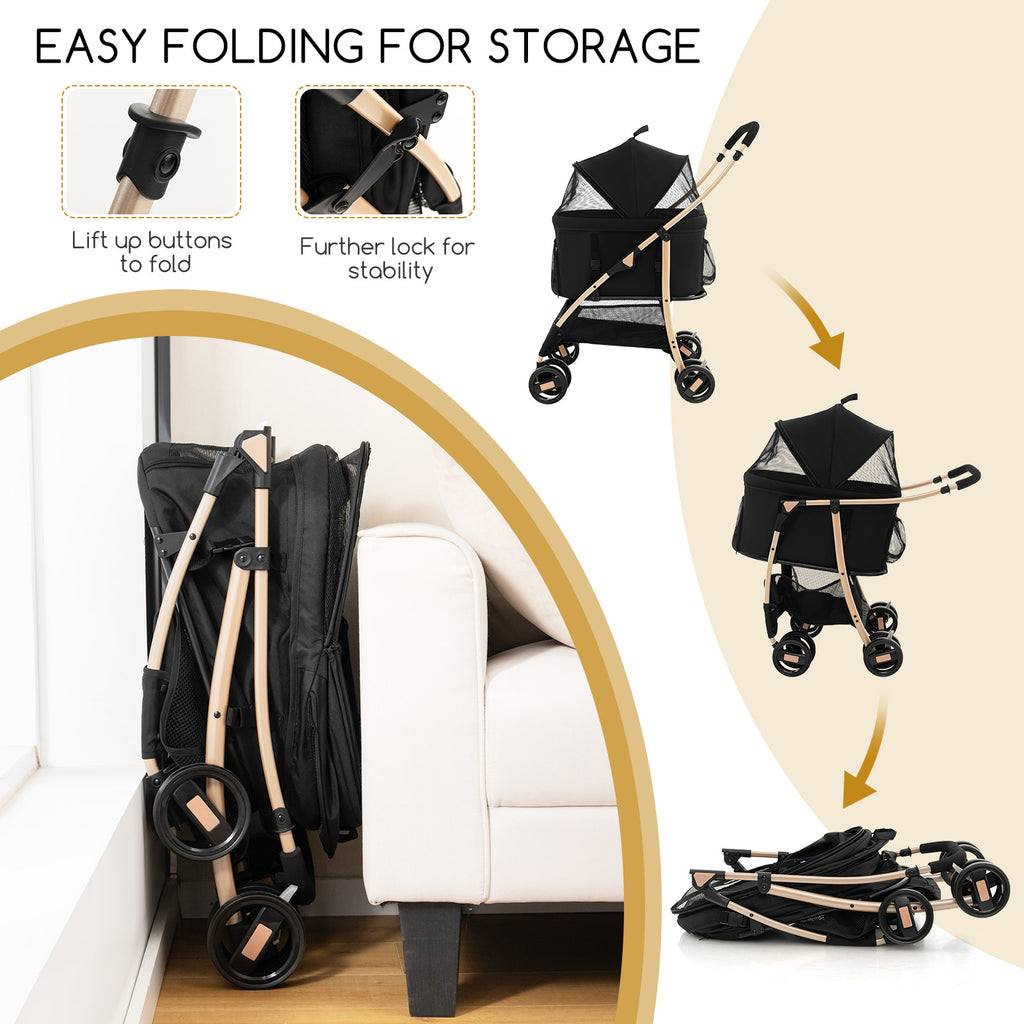 3-in-1 Pet Stroller with Removable Car Seat & Bottom Basket - Black, Foldable & Detachable Carrier