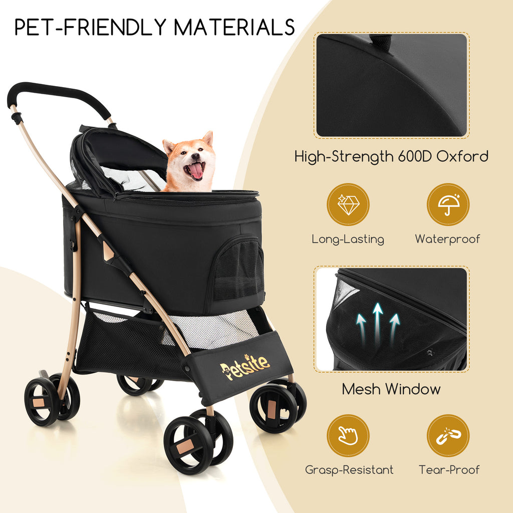 3-in-1 Pet Stroller with Removable Car Seat & Bottom Basket - Black, Foldable & Detachable Carrier