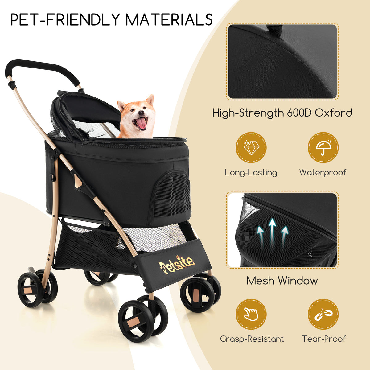 3-in-1 Pet Stroller with Removable Car Seat & Bottom Basket - Black, Foldable & Detachable Carrier