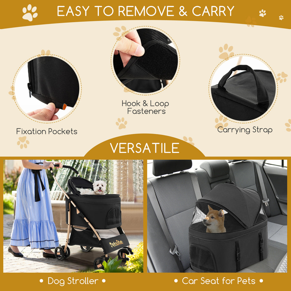 3-in-1 Pet Stroller with Removable Car Seat & Bottom Basket - Black, Foldable & Detachable Carrier