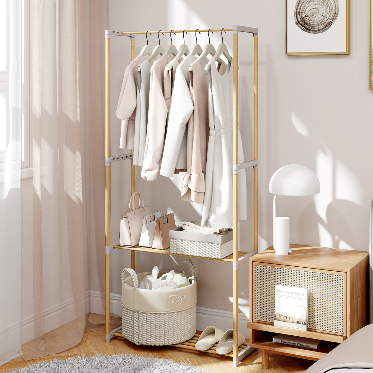 Pine Wood Clothes Rack with 2-Tier Shelf, Gray