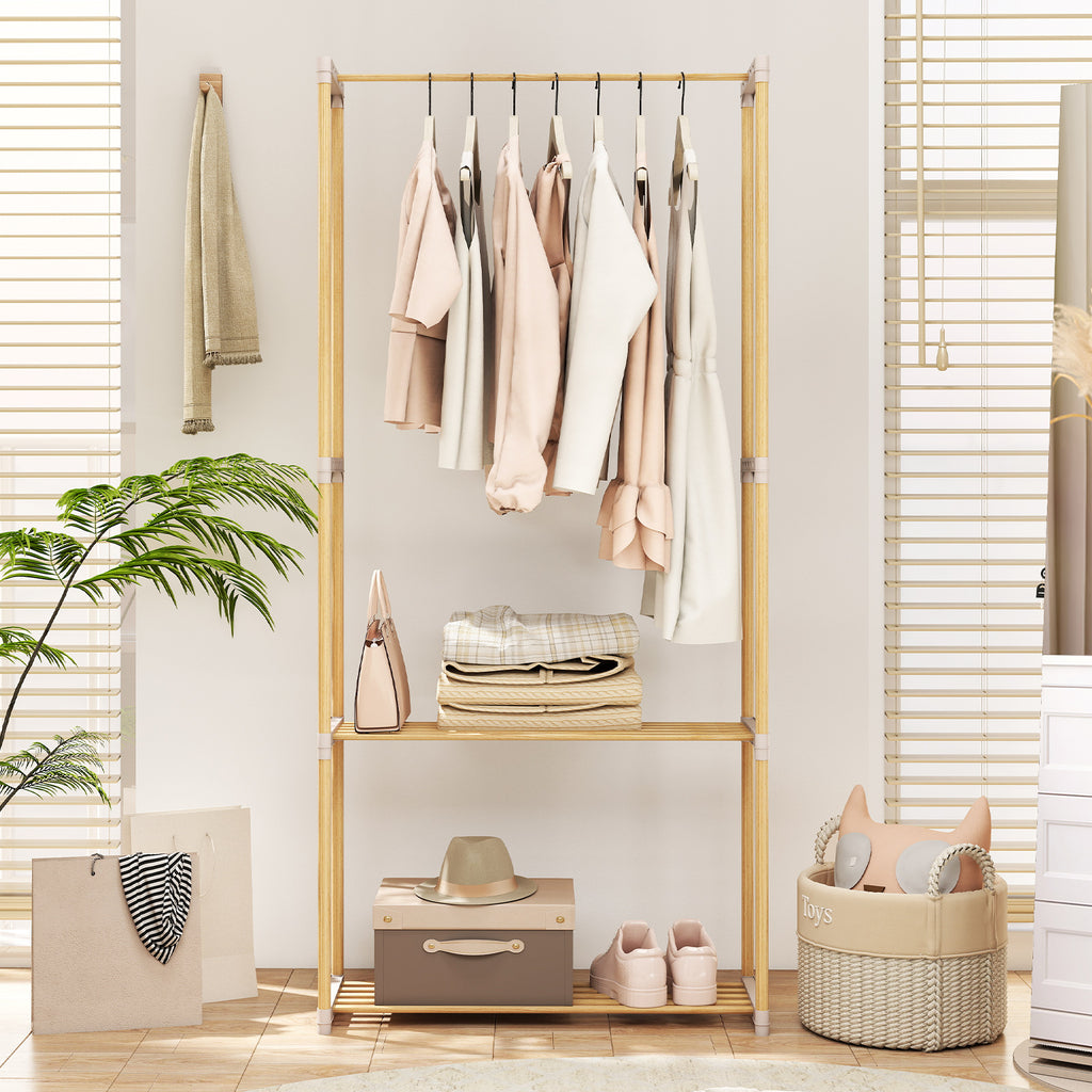 Pine Wood Clothes Rack with 2-Tier Shelf, Gray