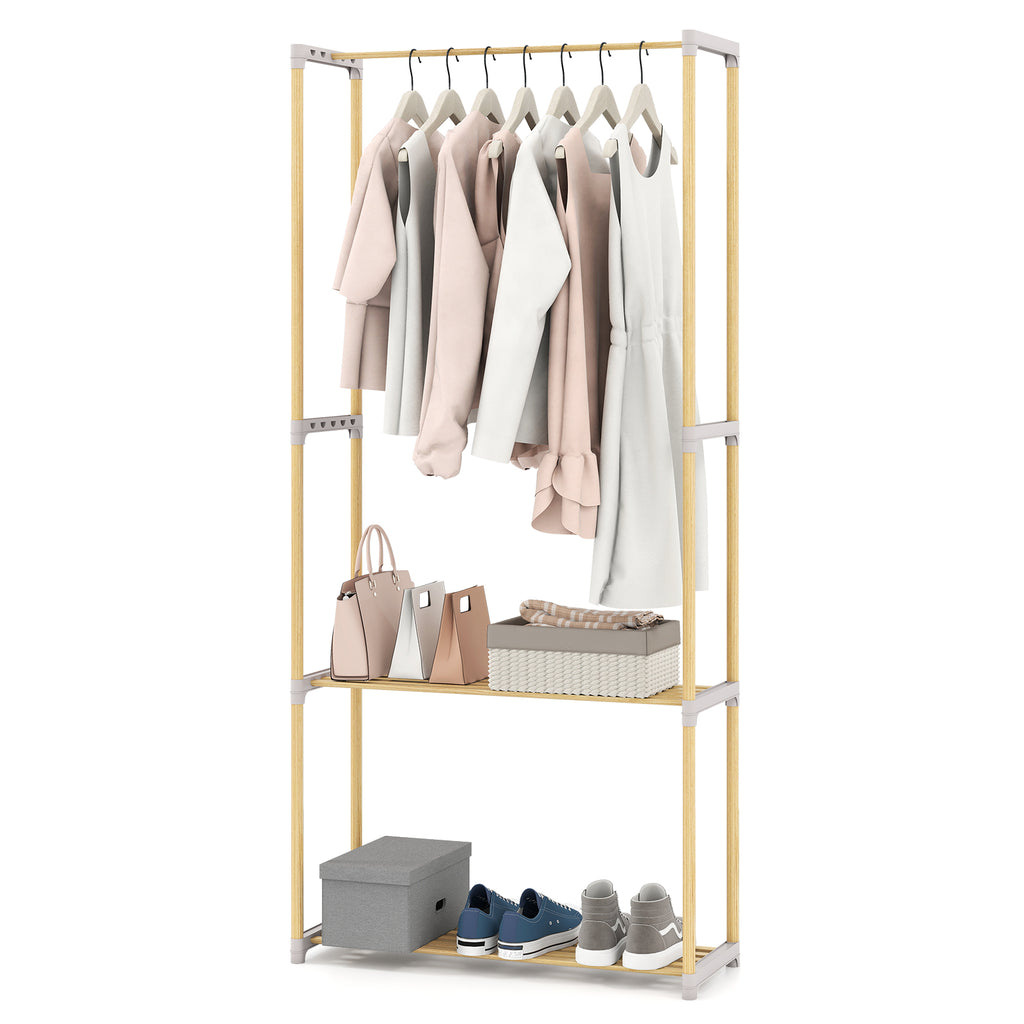 Pine Wood Clothes Rack with 2-Tier Shelf, Gray