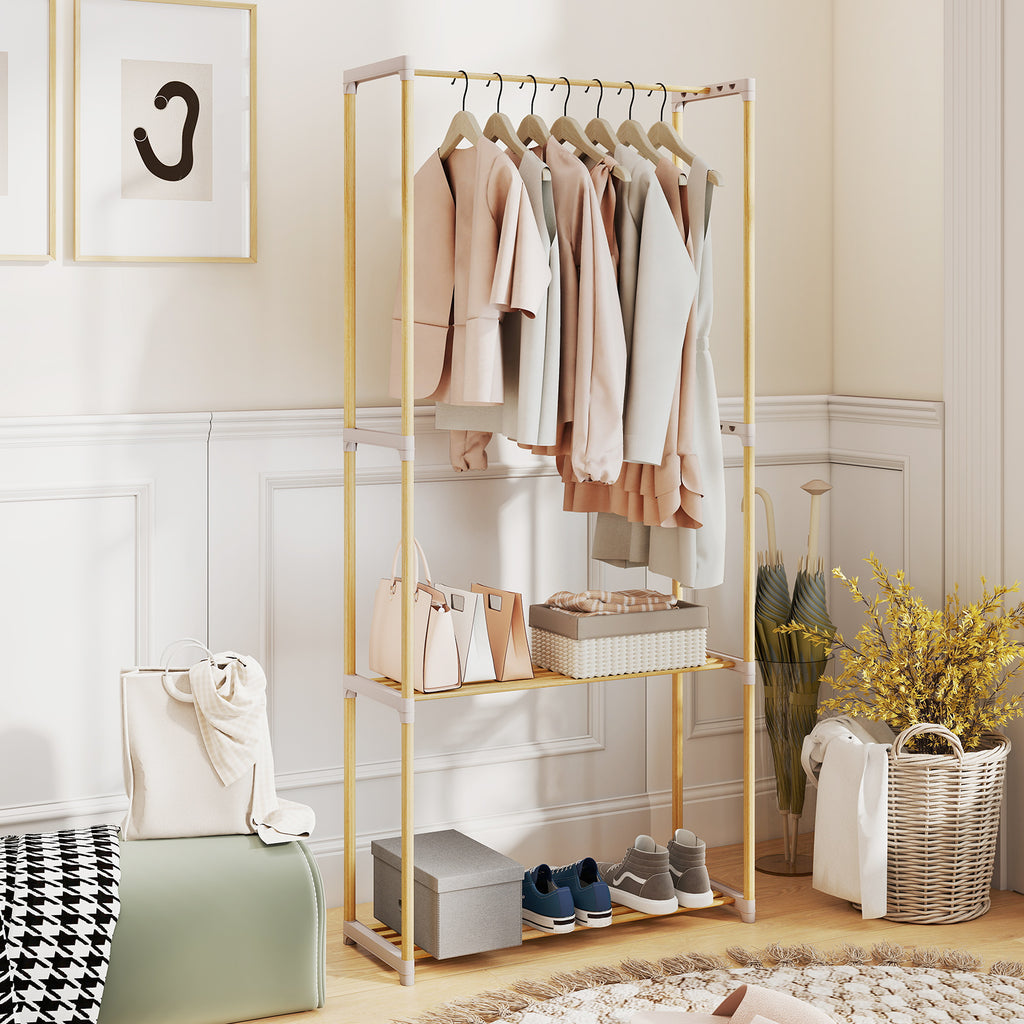 Pine Wood Clothes Rack with 2-Tier Shelf, Gray