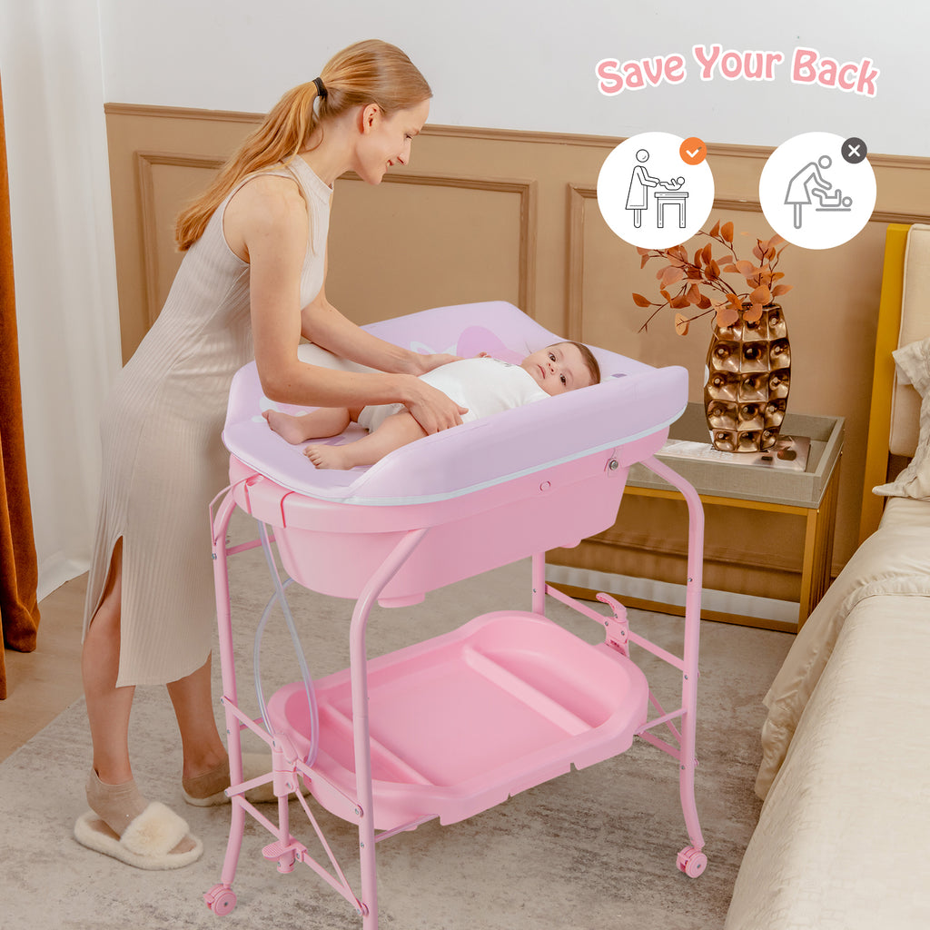 Pink Folding Baby Changing Table with Bathtub & 4 Universal Wheels