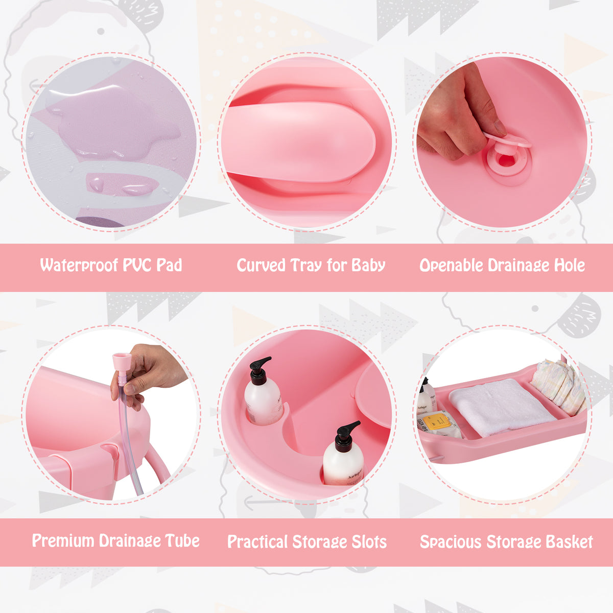 Pink Folding Baby Changing Table with Bathtub & 4 Universal Wheels