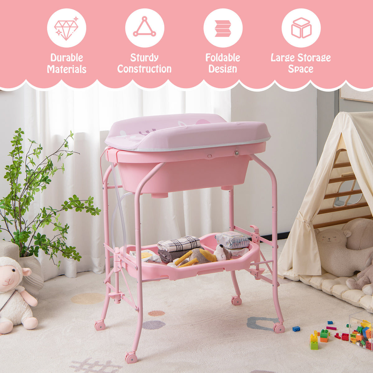 Pink Folding Baby Changing Table with Bathtub & 4 Universal Wheels