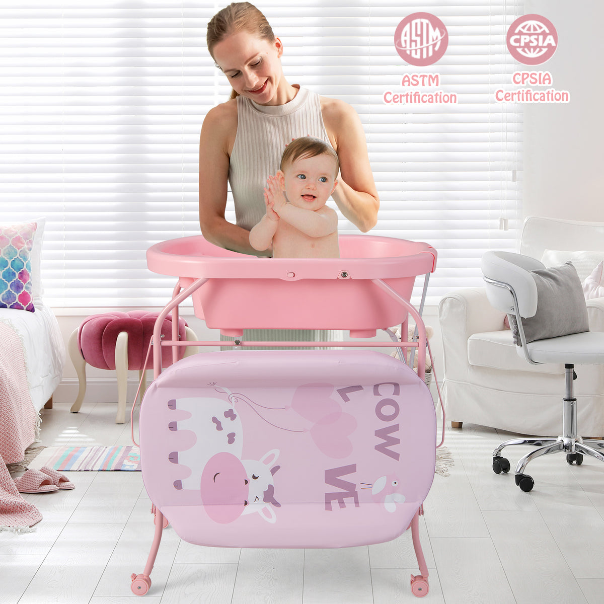 Pink Folding Baby Changing Table with Bathtub & 4 Universal Wheels