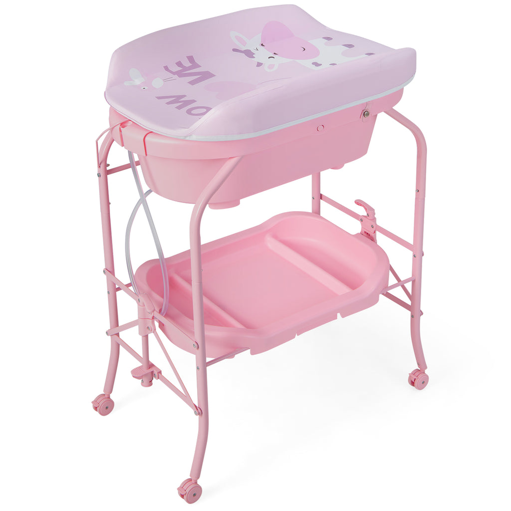 Pink Folding Baby Changing Table with Bathtub & 4 Universal Wheels
