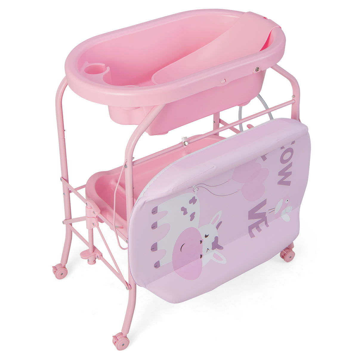 Pink Folding Baby Changing Table with Bathtub & 4 Universal Wheels