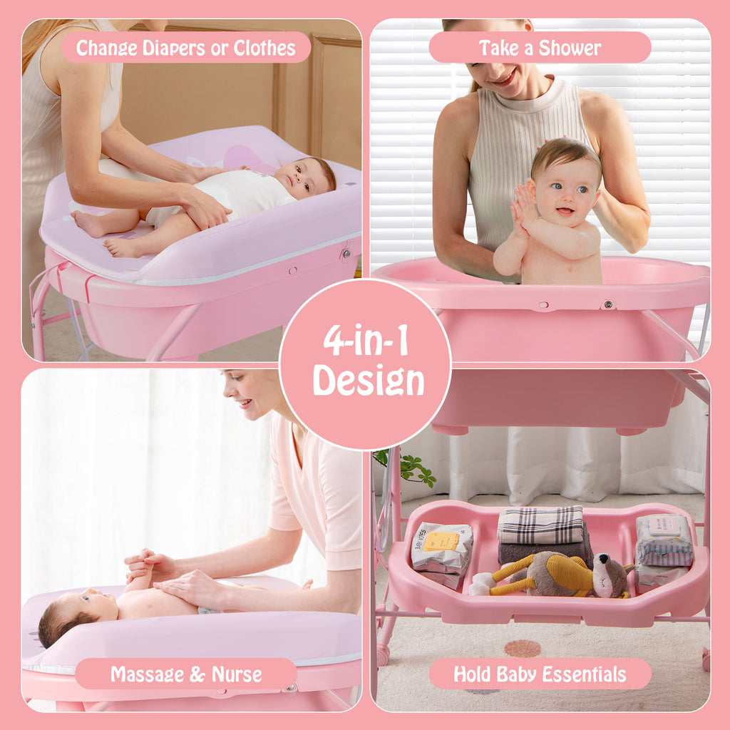 Pink Folding Baby Changing Table with Bathtub & 4 Universal Wheels