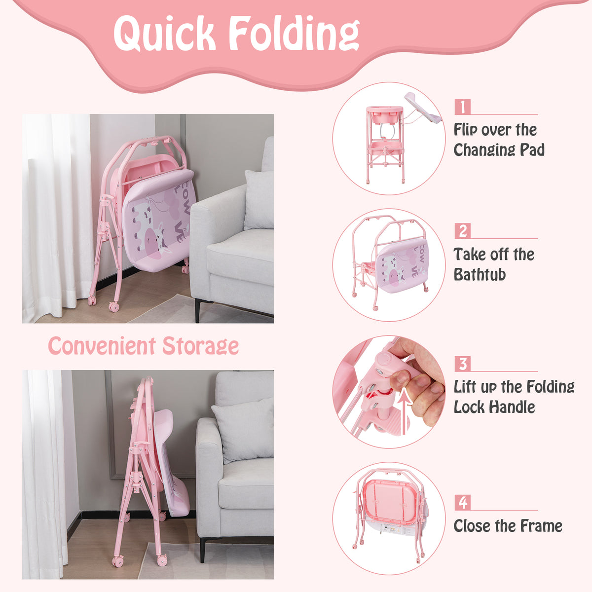 Pink Folding Baby Changing Table with Bathtub & 4 Universal Wheels