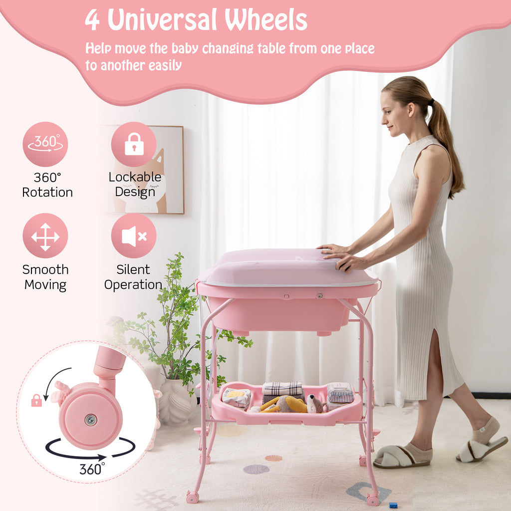 Pink Folding Baby Changing Table with Bathtub & 4 Universal Wheels