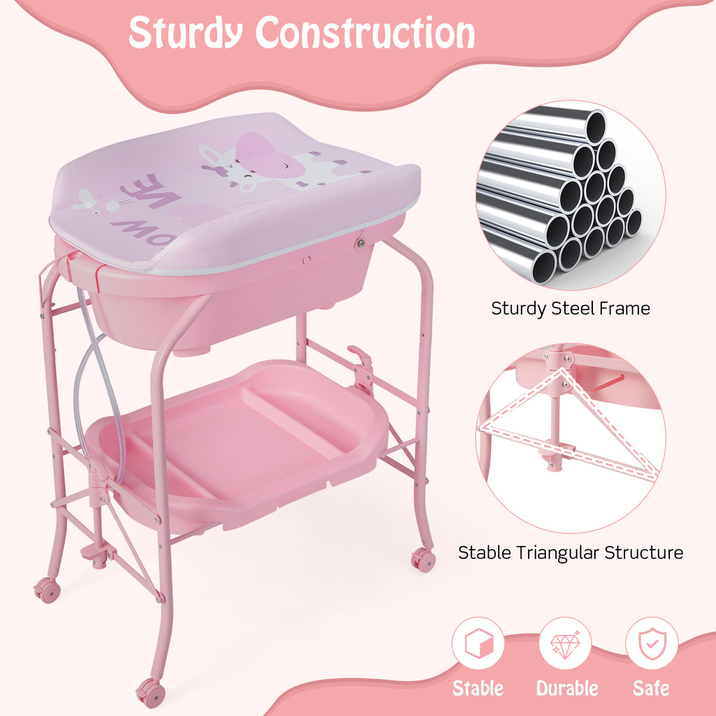 Pink Folding Baby Changing Table with Bathtub & 4 Universal Wheels