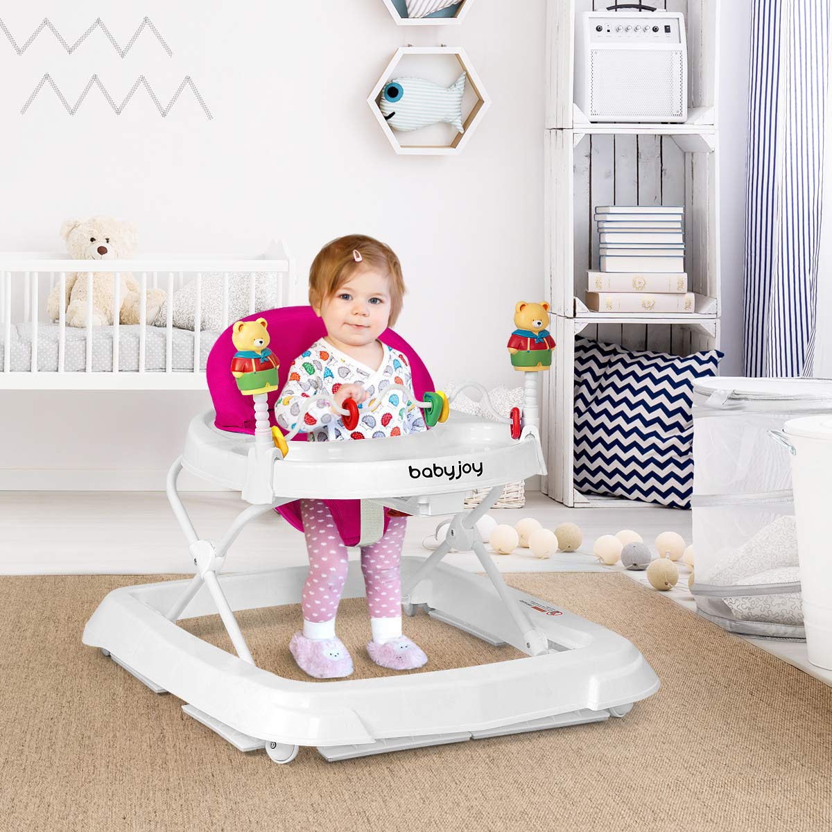 Height Adjustable Baby Walker with Padded Seat & Safety Features - Pink 24x28x22 inch