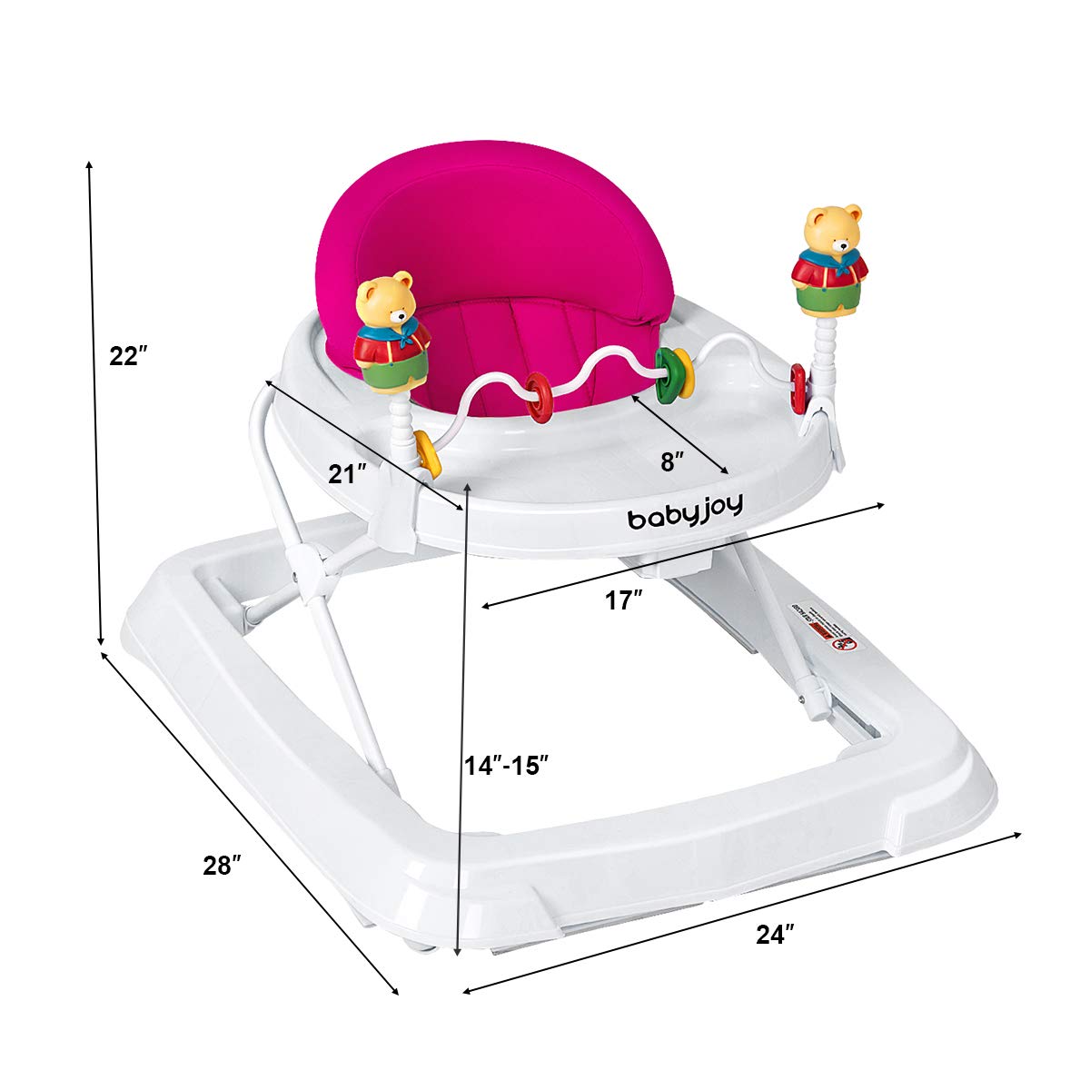 Height Adjustable Baby Walker with Padded Seat & Safety Features - Pink 24x28x22 inch