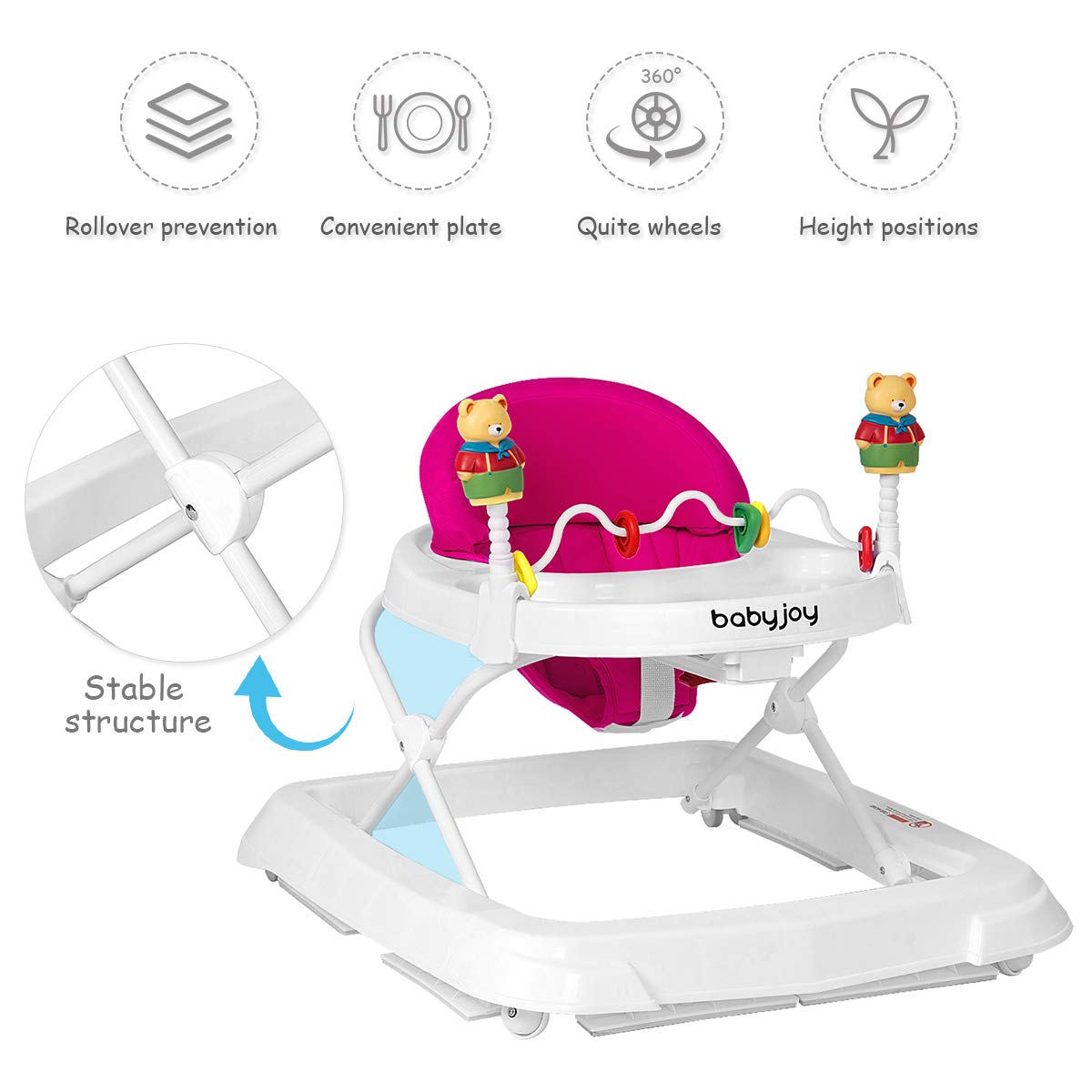 Height Adjustable Baby Walker with Padded Seat & Safety Features - Pink 24x28x22 inch