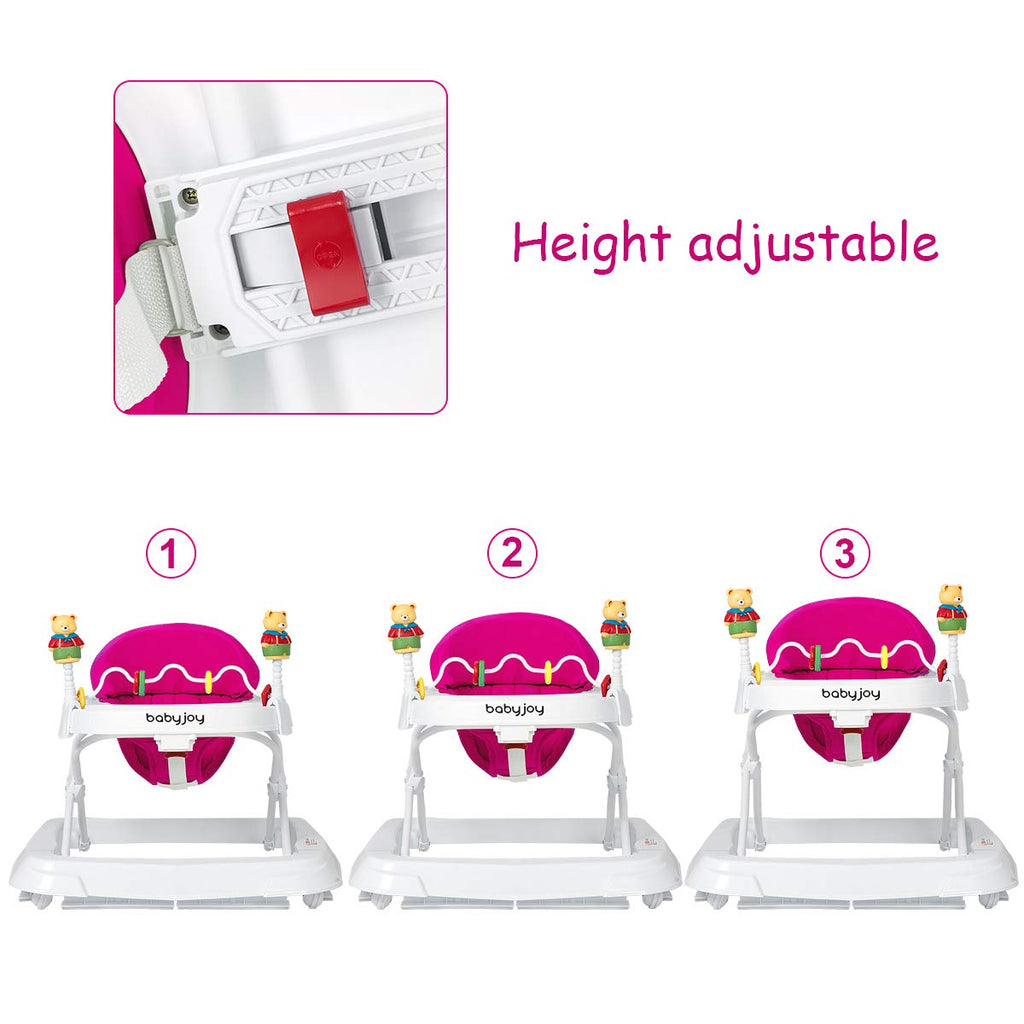 Height Adjustable Baby Walker with Padded Seat & Safety Features - Pink 24x28x22 inch