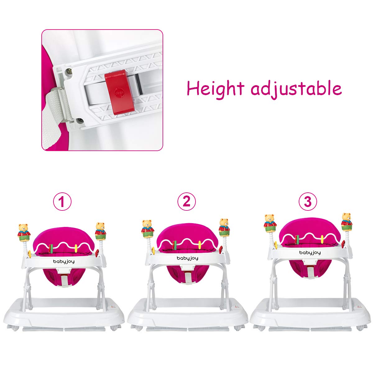 Height Adjustable Baby Walker with Padded Seat & Safety Features - Pink 24x28x22 inch