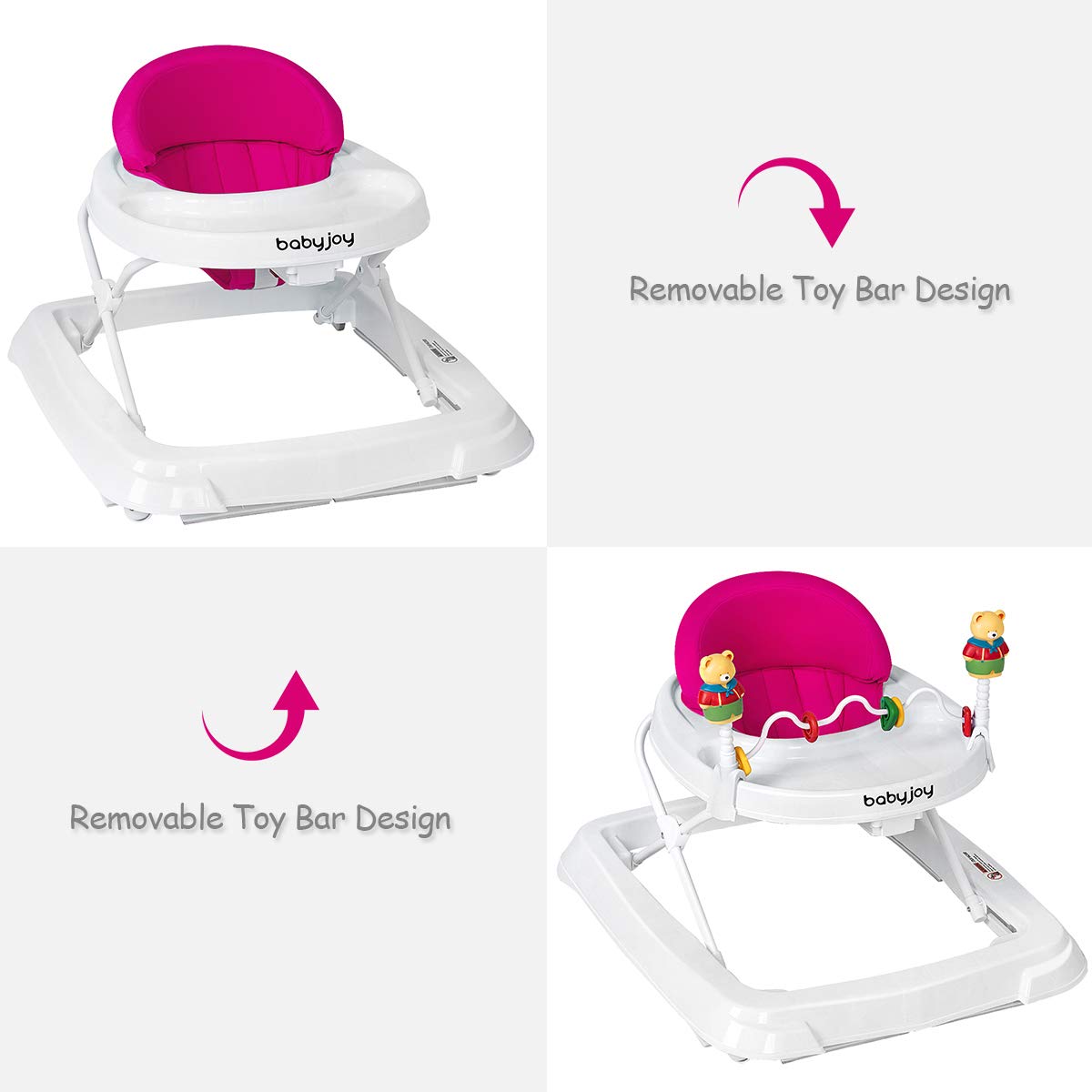 Height Adjustable Baby Walker with Padded Seat & Safety Features - Pink 24x28x22 inch