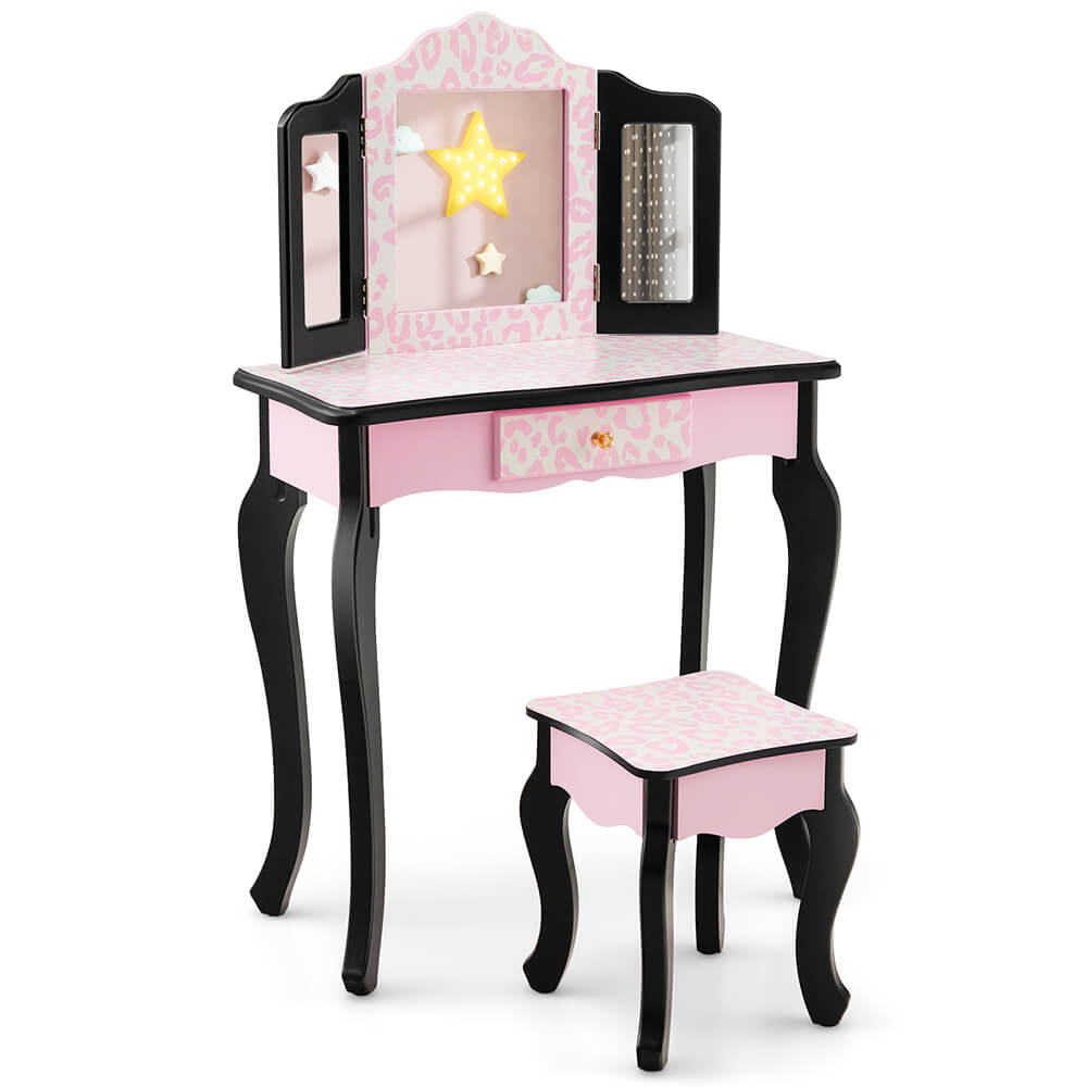 Kids Vanity Set with Tri-Folding Mirror and Leopard Print - Pink