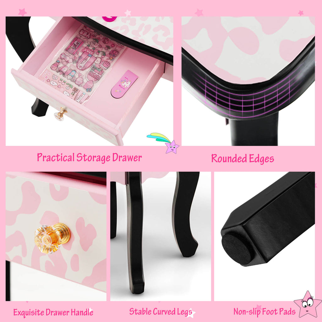 Kids Vanity Set with Tri-Folding Mirror and Leopard Print - Pink