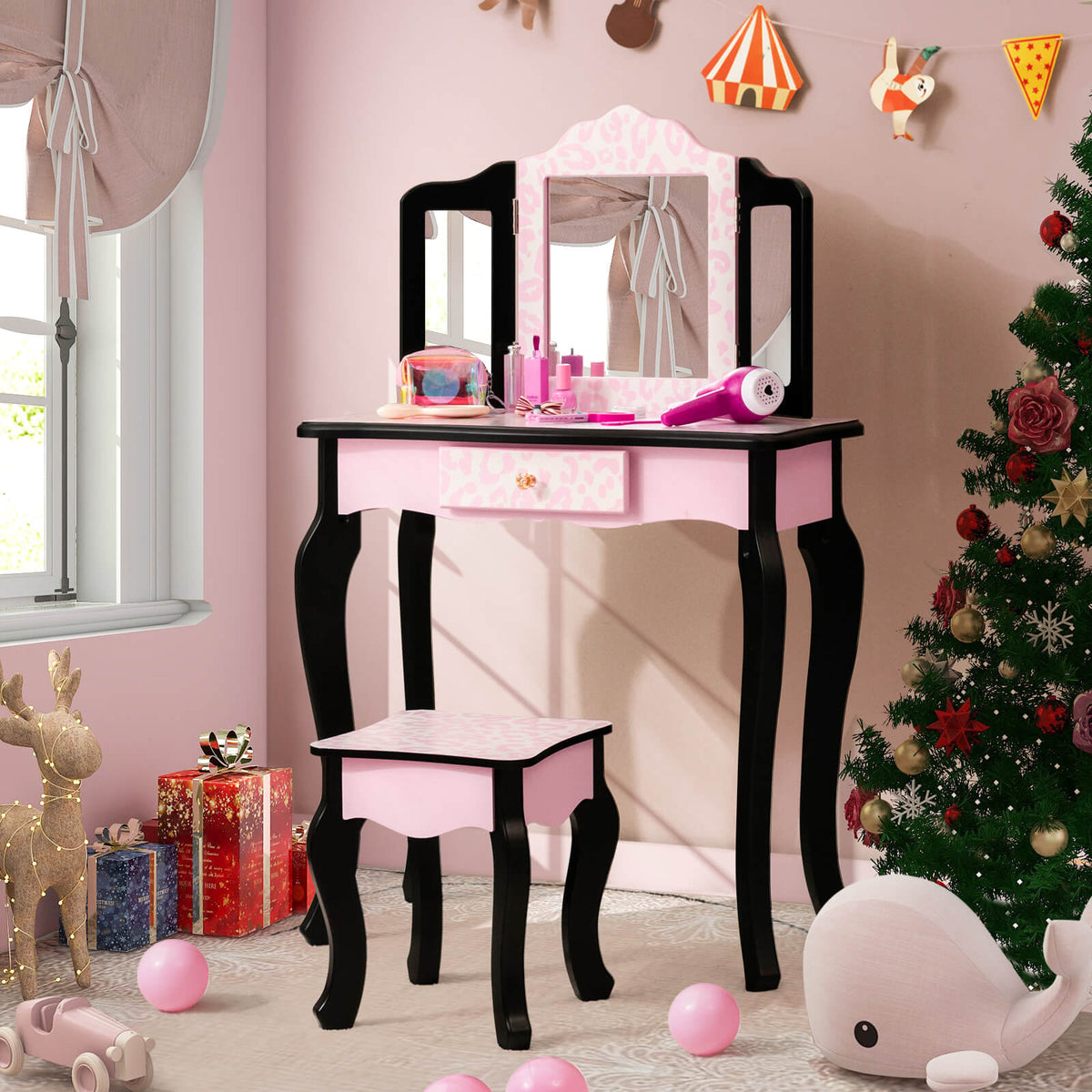 Kids Vanity Set with Tri-Folding Mirror and Leopard Print - Pink