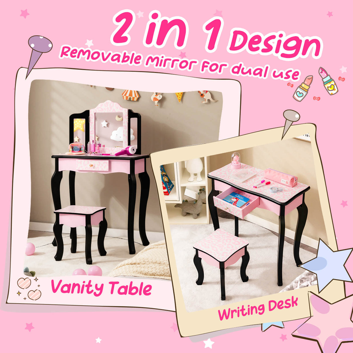 Kids Vanity Set with Tri-Folding Mirror and Leopard Print - Pink