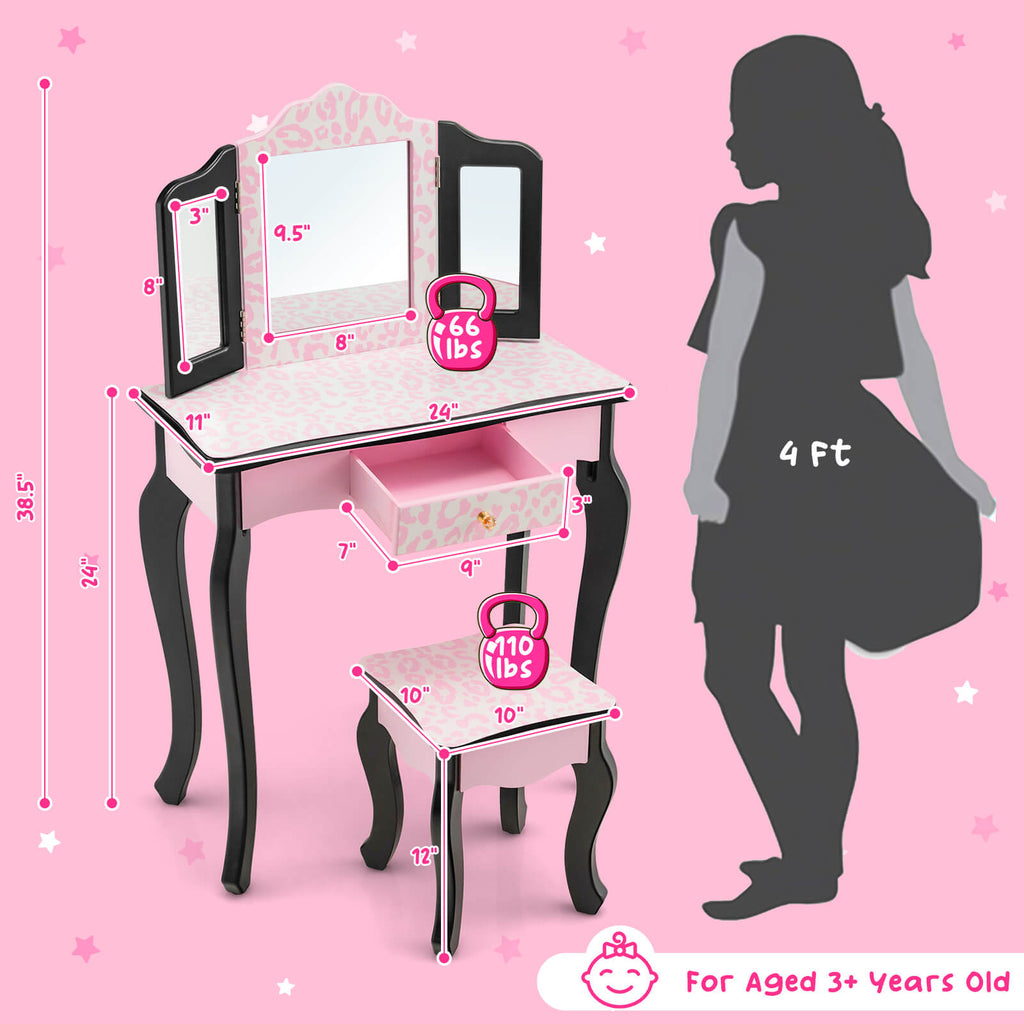 Kids Vanity Set with Tri-Folding Mirror and Leopard Print - Pink