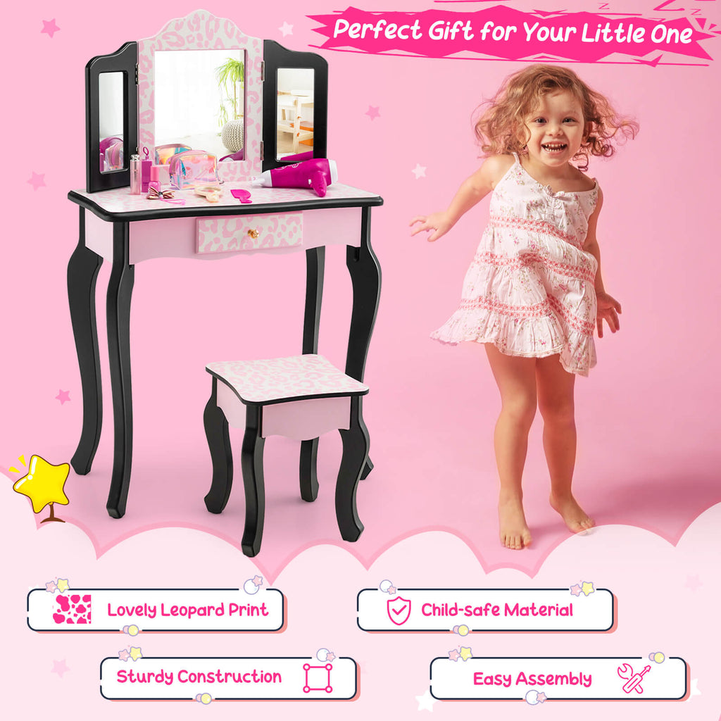 Kids Vanity Set with Tri-Folding Mirror and Leopard Print - Pink
