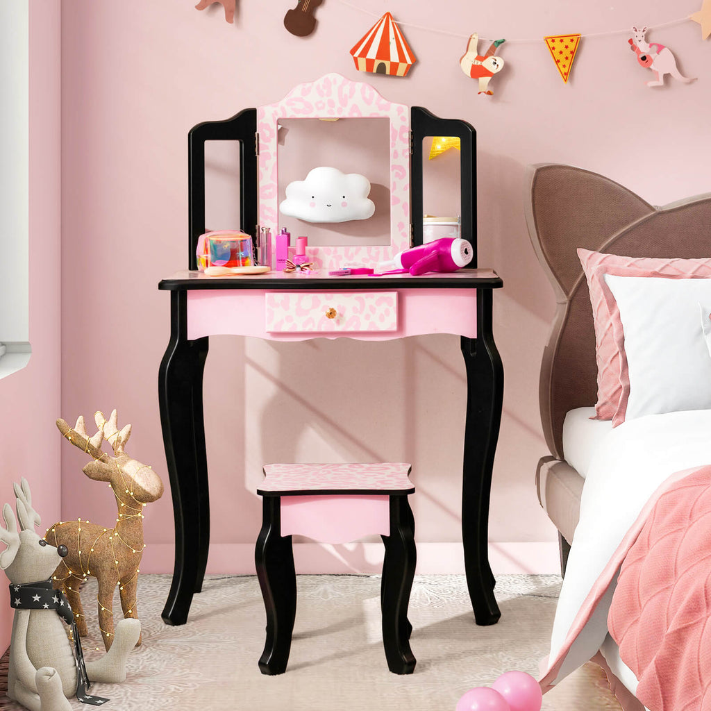 Kids Vanity Set with Tri-Folding Mirror and Leopard Print - Pink