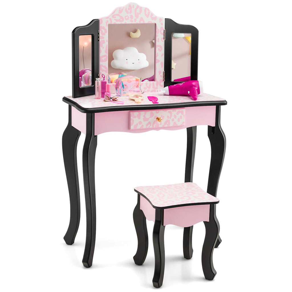 Kids Vanity Set with Tri-Folding Mirror and Leopard Print - Pink