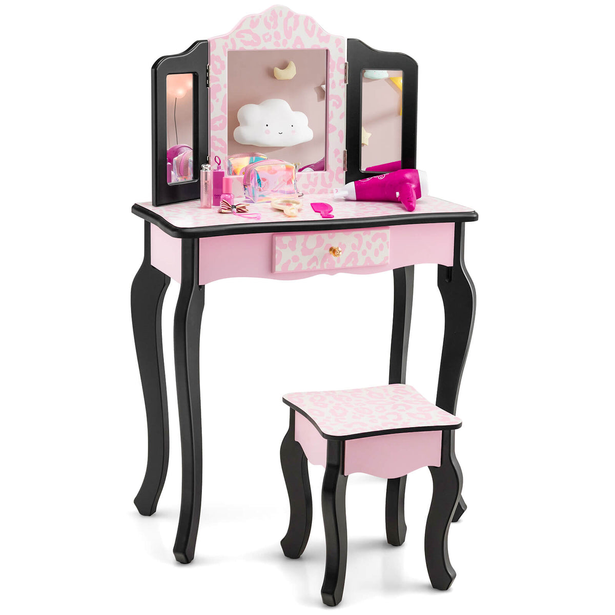 Kids Vanity Set with Tri-Folding Mirror and Leopard Print - Pink